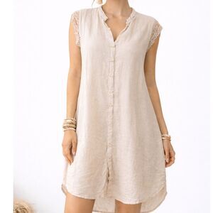 CP Shades 100% linen Womens Boho Lagenlook Tan button Front crochet sleeveless